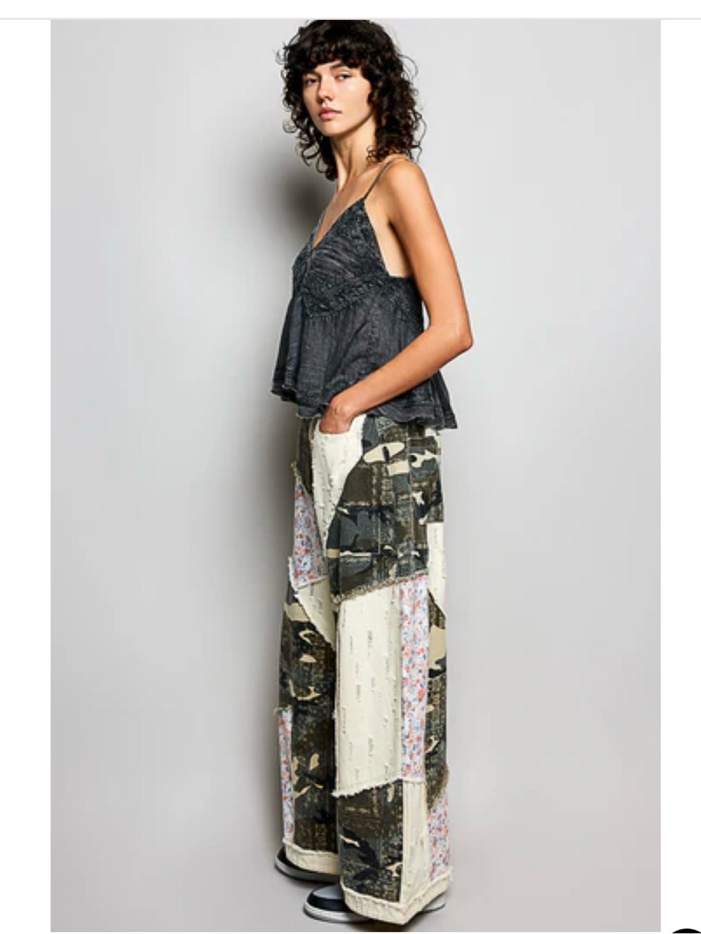 Wide-Leg Patchwork Pants in Olive & Cream - Picture 5 of 11